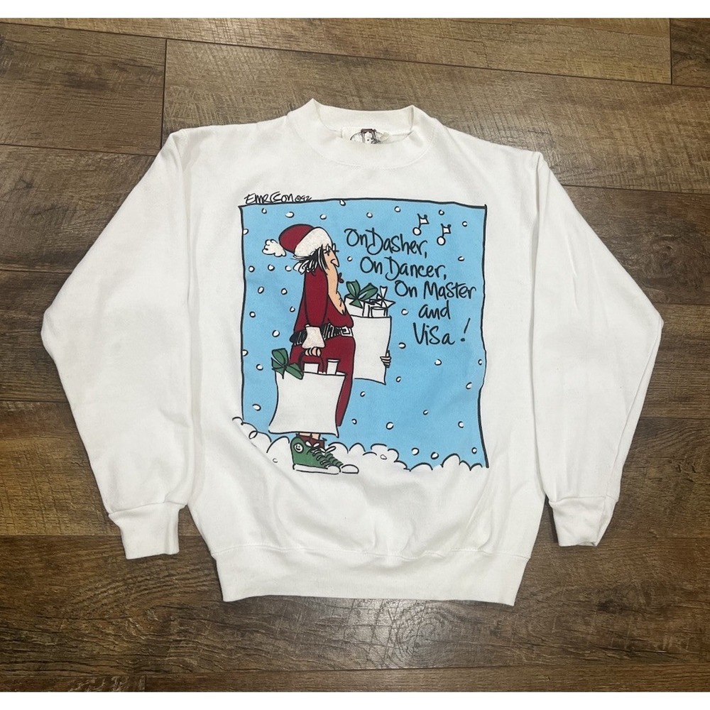 Vintage 1992 Christmas Sweater‎ Funny Crewneck Sweatshirt White Medium On Visa